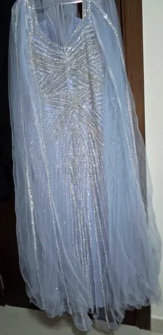 Light blue embellished evening gown with tulle cape - good condition