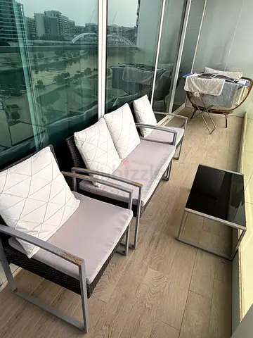 Outdoor balcony sofa set — 2-seater with side table and cushions and cabana