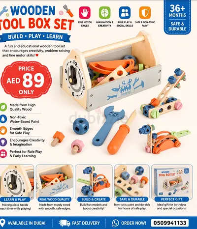 Wooden Tool Box Set - Educational Playset for 3+ Years