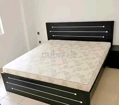 Double Bed Frame with Mattress and Side Table - Dark Wood