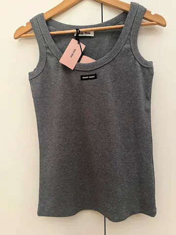 Miu Miu Grey Ribbed Tank Top with Logo