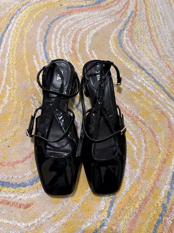 Black Patent Square-Toe Strappy Heels