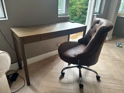 Wooden Writing Desk with Brown Leather Office Chair - Good Condition