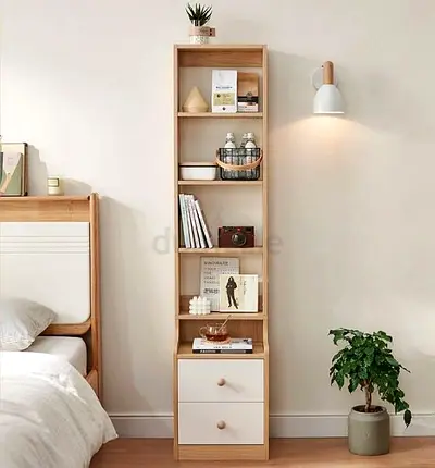 Slim Wooden Bookcase with 2 Drawers - Light Oak Finish
