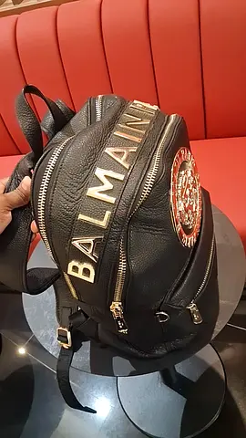 Black Balmain-style Mini Leather Backpack with Gold Trim