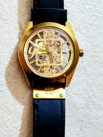 Gold-tone Skeleton Mechanical Watch with Black Leather Strap. NEPIC/Napec Hollow Mechanical Fashion