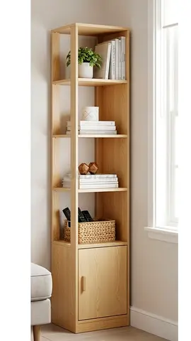 Slim Wooden Bookcase with Bottom Cabinet - Light Oak