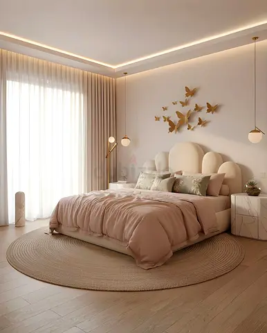 Modern Upholstered Bed Set with Scalloped Headboard