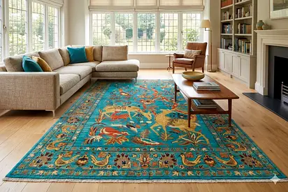 2x3 m Vibrant Blue Hand-Knotted Rug with Animal and Nature Motif afghan wool carpet