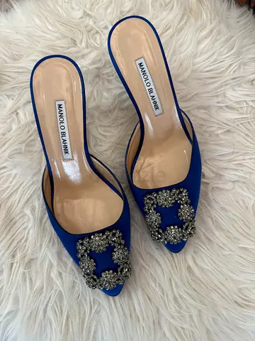 Manolo Blahnik Hangisimu 70 Mules in Satin Blue