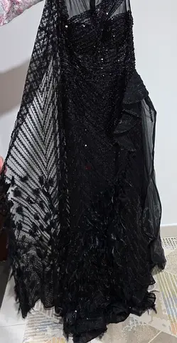 Black Sequin  Feather Evening Gown - Size Unknown, Excellent Condition