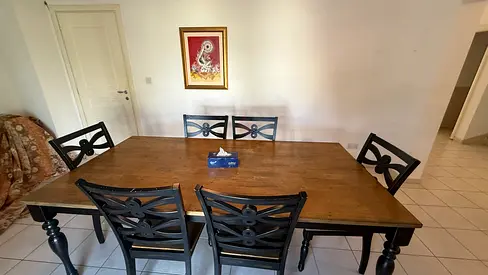 Solid wood dining table with six dining chairs