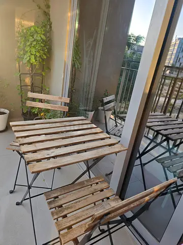 Wooden Slatted Ikea Table and 2 Folding Chairs - Outdoor Balcony Set