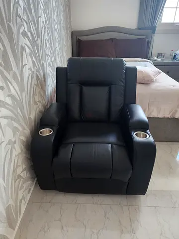 Single Black Leather Recliner Armchair with Cup Holders ( Electric)