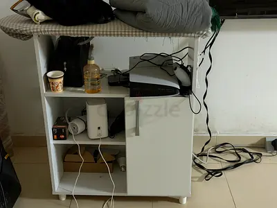 Iron stand and white storage cabinet with shelves and door. brand new bought from danube 1.5 years