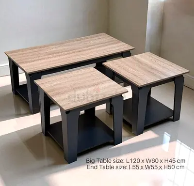 3-Piece Modern Coffee  Side Table Set - Oak Top, Black Base