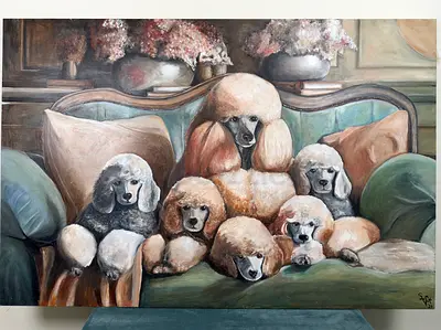 Original Oil Painting on canvas of Poodles on Sofa - Signed Artwork. Size 180 x 120cm.