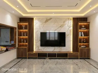 Wall-mounted entertainment center with marble feature and wood shelving