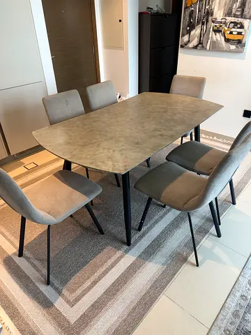 Modern rectangular dining table with 6 upholstered chairs - light grey set