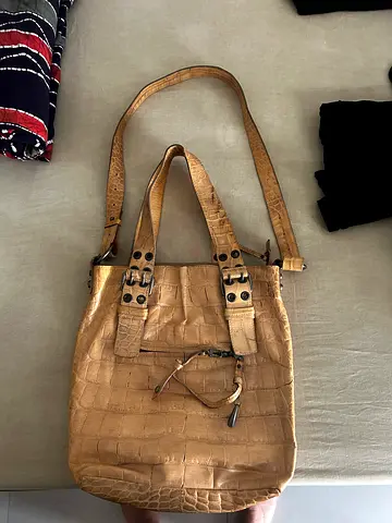 Francesco Biasia, Beige Croc-Embossed Italian Leather Shoulder Bag with Buckle Details
