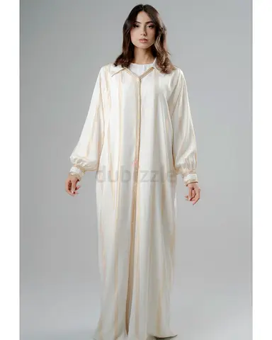 Long Ivory Abaya / Kaftan with Gold Trim - Lightweight, Modest Wear