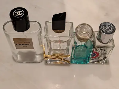 Lot of 4 clear Women’s  Unisex Perfume Bottles, Chanel + YSL + Hermès + État Libre, limited edition