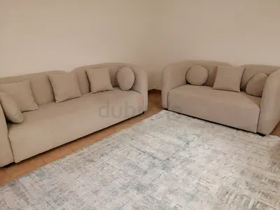 Light Beige Curved 3+2 Seater Sofa Set with Decorative Cushions