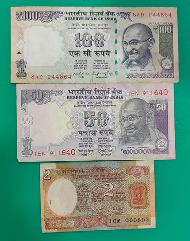 Collection of Vintage Indian Banknotes — ₹100, ₹50, ₹2 (Used Condition)