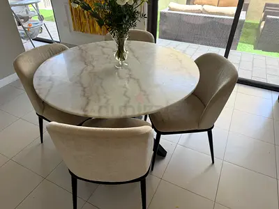 Round Marble Top Dining Table with 4 Upholstered Chairs - Light Beige