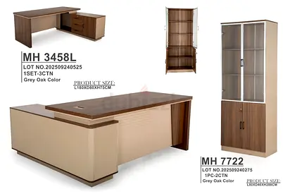 Large Grey Oak Executive Office Desk with Storage Cabinet (MH 3458L  MH 7722)