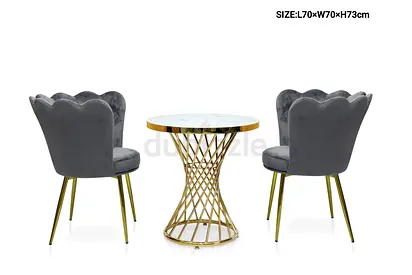 3-Piece Marble Top Bistro Set with Velvet Scalloped Chairs