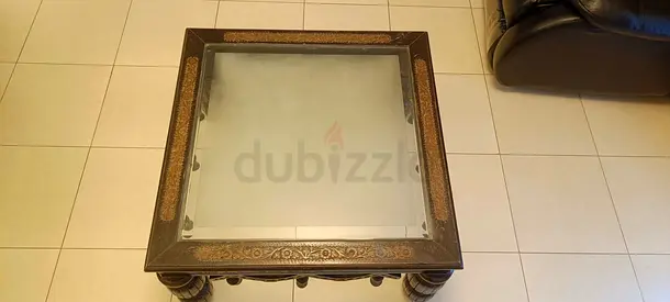 Wooden Square Coffee Table with Glass Top — Carved Legs