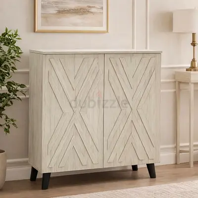 Modern White Wash 2 Door Shoe Cabinet with Adjustable Shelves –Wooden Shoe Organizer for Home