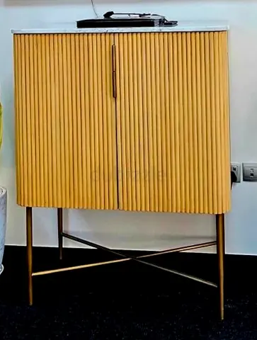Small ribbed wooden customise bar cabinet on metal legs - light oak/gold finish brand new