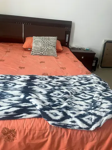 Queen bed with headboard and side tables (used) with new mattress