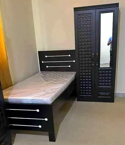Single Bed with Mattress and Matching 2-Door Wardrobe (Dark Wood)