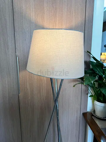 Tripod Floor Lamp with Light Gray Fabric Shade - Good Condition
