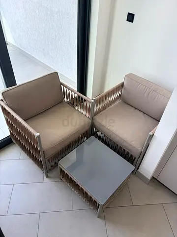 Outdoor/Patio chairs Coffee Table Set - Beige Cushions, Modern Rope Design