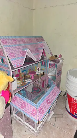 Wooden 3-Storey Dollhouse with Furniture - Pink  Blue