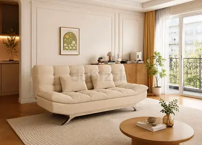 Beige Convertible Suede Sofa Bed with Cushions - Modern, Comfortable