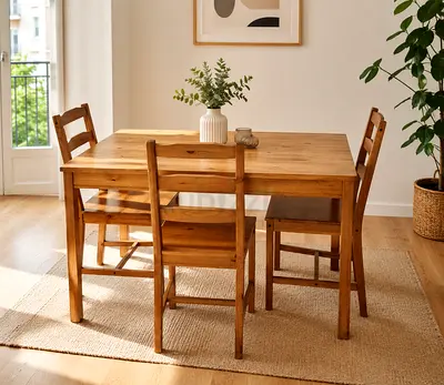 Solid Wood 4-Seater Dining Table with Chairs - Natural Finish