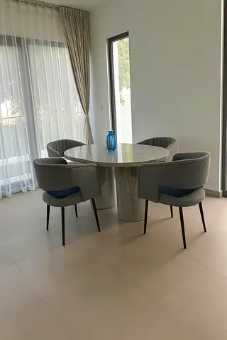 Marble Round Dining Table with 4 Upholstered Chairs - Modern Set