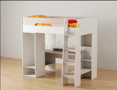 White wooden loft bed with integrated desk and shelves