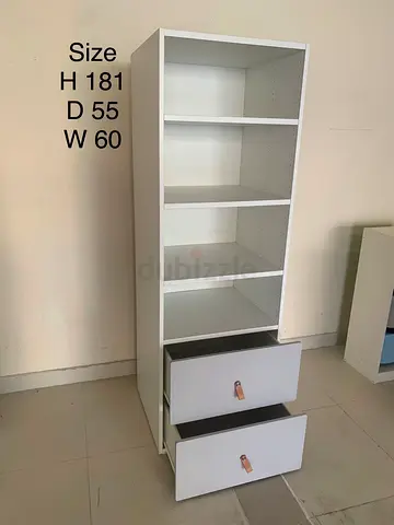 White Tall Bookcase with 4 Shelves and 2 Drawers (H181 x D55 x W60 cm)