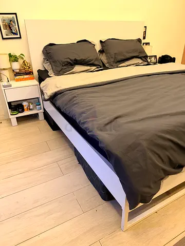 White wooden double bed frame with headboard (includes 2 bedside tables ) +mattress -10”