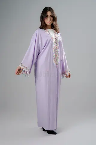 Light Lavender Embroidered Abaya with Tassel Trim - Size M