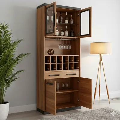 Tall Wooden Wine  Bar Cabinet with Glassware Storage