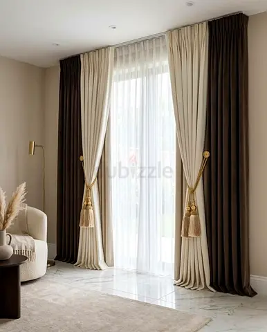 Pair of two-tone floor-length curtains with sheer voile lining
