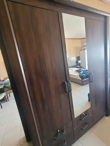 Dark Wood Wardrobe with Mirror and Drawers