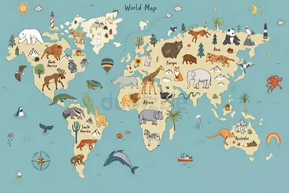 Transform your childs bedroom into a world of wonder with this adorable Kids Animal World Map Wall